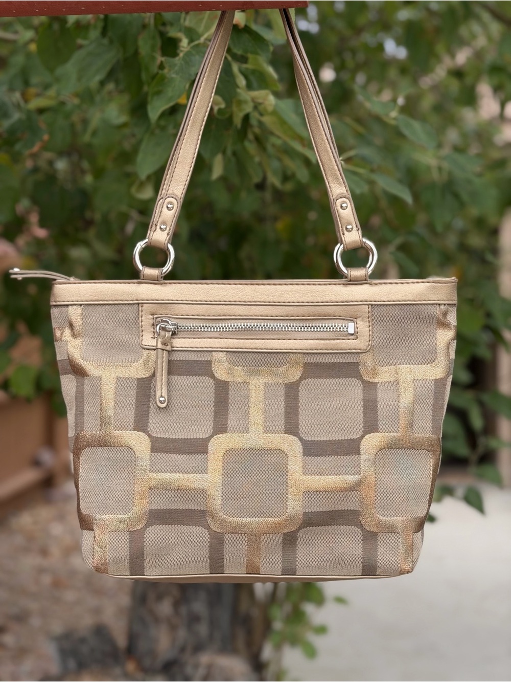 Nine West Beige and Gold Geometric Shoulder Tote